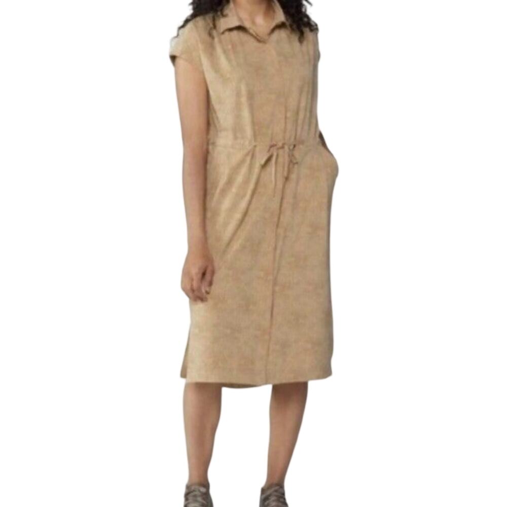 REI Cooperative Tan Brown Drawstring Patterned Shift Short Sleeve Dress size XS